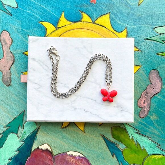 Red Butterfly Charm Silver Chain Necklace - Picture 3 of 5